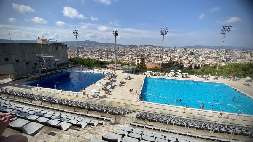 Swimming pools and the city view at Barcelona's Olympic Stadium