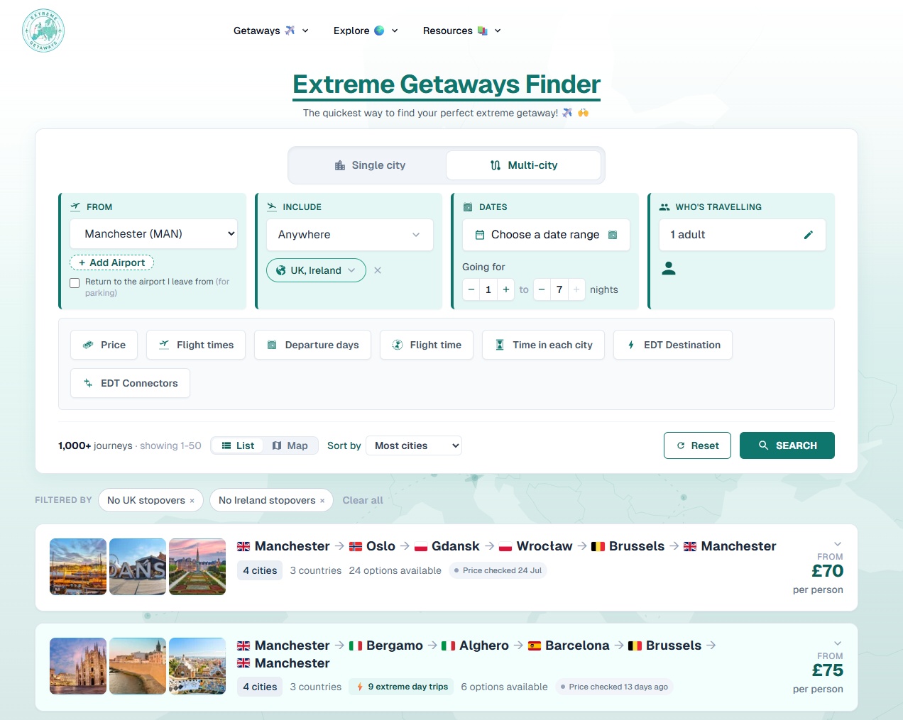 Extreme Getaways Finder showing airport, trip length and multi-city search controls