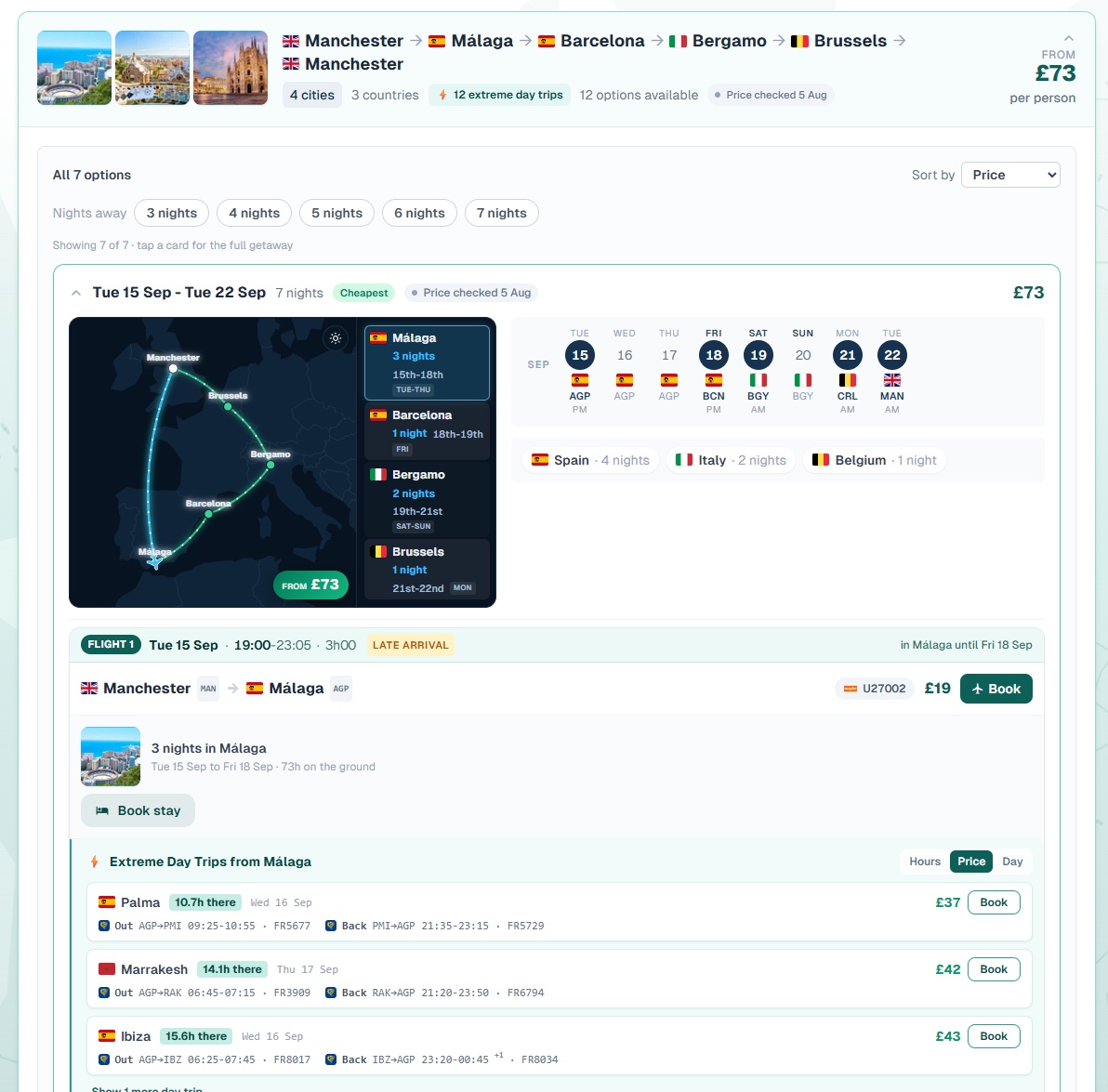Detailed Extreme Getaways route showing flights, stays and Extreme Day Trips