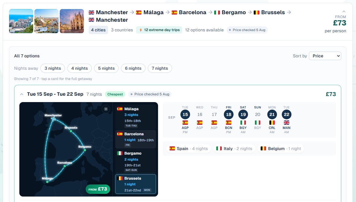 A complete Manchester, Malaga, Barcelona, Bergamo and Brussels route with dates and a map