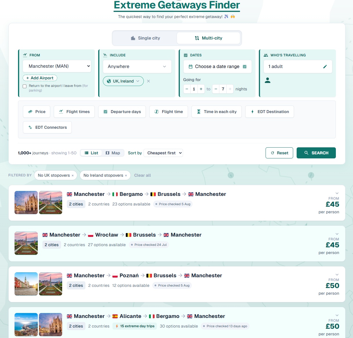 Extreme Getaways search controls and a list of complete multi-city routes
